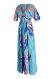 Blue Casual Print Patchwork V Neck Long Dress Dresses