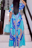 Blue Casual Print Patchwork V Neck Long Dress Dresses