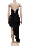 Black Sexy Solid Color Sequins Feathers Strapless Irregular Dresses