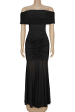 Black Elegant Solid Color Mesh Off Shoulder Long Dresses