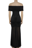 Black Elegant Solid Color Mesh Off Shoulder Long Dresses