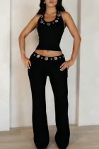 Black Sexy Solid Color Hollow Out U Neck Sleeveless Two Pieces