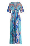 Blue Casual Print Patchwork V Neck Long Dress Dresses