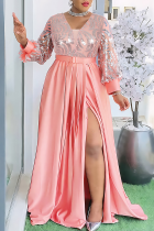 Pink Elegant Stripe Slit With Belt V Neck Long Plus Size Dresses