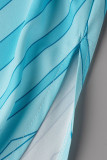 Blue Casual Print Patchwork V Neck Long Dress Dresses