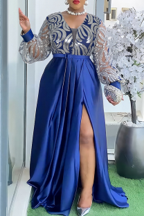 Blue Elegant Stripe Slit With Belt V Neck Long Plus Size Dresses