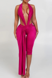 Red Sexy Solid Color Backless Halter Skinny Jumpsuits