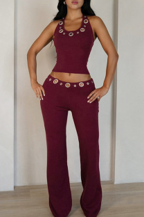 Burgundy Sexy Solid Color Hollow Out U Neck Sleeveless Two Pieces