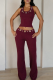 Burgundy Sexy Solid Color Hollow Out U Neck Sleeveless Two Pieces