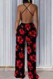 Red Casual Print Backless Spaghetti Strap Loose Jumpsuits