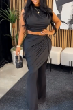 Grey Sexy Solid Color Ruched O Neck Sleeveless Two Pieces