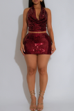 Burgundy Sexy Solid Color Sequins Backless Halter Sleeveless Two Pieces