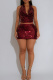 Burgundy Sexy Solid Color Sequins Backless Halter Sleeveless Two Pieces