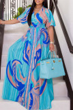 Blue Casual Print Patchwork V Neck Long Dress Dresses