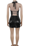 Burgundy Sexy Solid Color Sequins Backless Halter Sleeveless Two Pieces