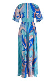 Blue Casual Print Patchwork V Neck Long Dress Dresses