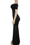 Black Elegant Solid Color Mesh Off Shoulder Long Dresses