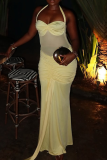 Light Yellow Sexy Solid Color Backless Halter Long Dresses
