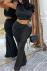 Black Sexy Solid Color Ruched O Neck Sleeveless Two Pieces