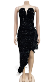 Black Sexy Solid Color Sequins Feathers Strapless Irregular Dresses