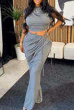 Grey Sexy Solid Color Ruched O Neck Sleeveless Two Pieces