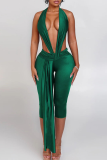 Red Sexy Solid Color Backless Halter Skinny Jumpsuits