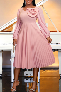 Pink Elegant Solid Color Pleated O Neck Long Dresses