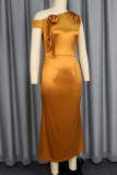 Gold Elegant Solid Color Flower Shape Oblique Collar Wrapped Skirt Dresses