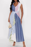 Multicolor Casual Stripe Contrast V Neck Irregular Dresses