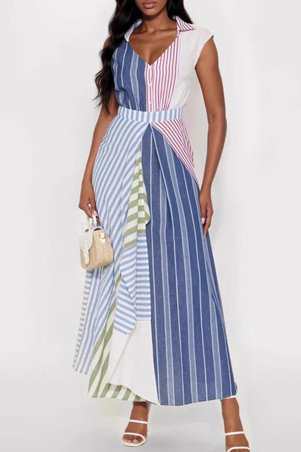 Multicolor Casual Stripe Contrast V Neck Irregular Dresses