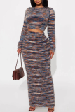Multicolor Casual Stripe Backless O Neck Long Sleeve Two Pieces