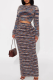 Multicolor Casual Stripe Backless O Neck Long Sleeve Two Pieces