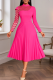 Rose Red Elegant Solid Color Pleated O Neck Long Dresses