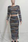 Multicolor Casual Stripe Backless O Neck Long Sleeve Two Pieces