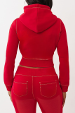 Red Casual Solid Color Zipper Hooded Long Sleeve Two Pieces