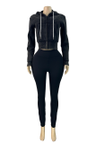 Black Casual Solid Color Zipper Hooded Long Sleeve Two Pieces