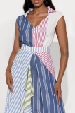 Multicolor Casual Stripe Contrast V Neck Irregular Dresses