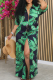 Green Casual Print Buckle Turndown Collar Long Dresses