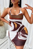 White Brown Sexy Print Backless Halter Wrapped Skirt Dresses