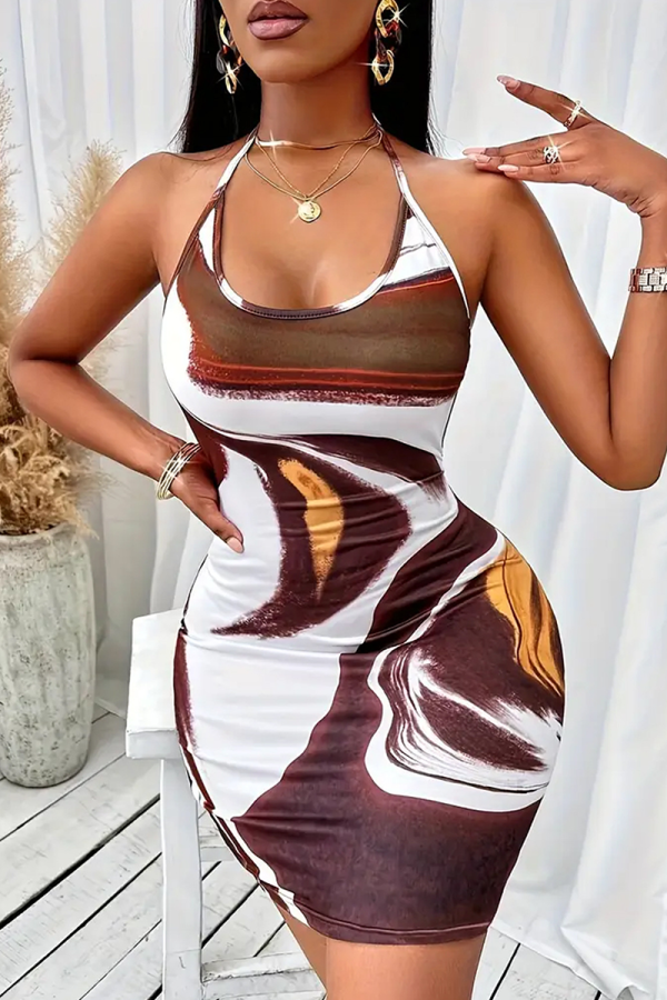 White Brown Sexy Print Backless Halter Wrapped Skirt Dresses