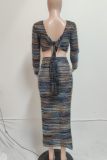 Multicolor Casual Stripe Backless O Neck Long Sleeve Two Pieces