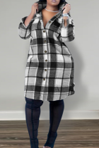 Black Casual Plaid Buckle Turndown Collar Outerwear