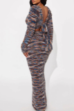 Multicolor Casual Stripe Backless O Neck Long Sleeve Two Pieces
