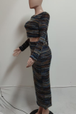 Multicolor Casual Stripe Backless O Neck Long Sleeve Two Pieces