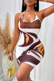 White Brown Sexy Print Backless Halter Wrapped Skirt Dresses