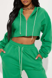 Green Casual Solid Color Zipper Hooded Long Sleeve Two Pieces