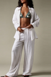 White Casual Solid Color Patchwork Turndown Collar Long Sleeve Two Pieces