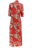 Red Casual Print Buckle Turndown Collar Long Dresses