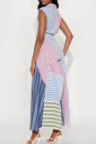 Multicolor Casual Stripe Contrast V Neck Irregular Dresses