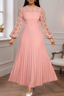 Pink Elegant Solid Color Hollow Out O Neck Long Dresses